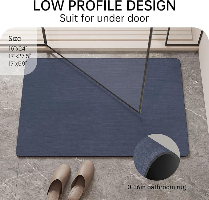 Mecko Bath Mat Rug, Rubber Non-Slip Quick Dry Absorbent Thin Bathroom Rugs Fit Under Door Bathroom Floor Mats-Shower Rug for in Front of Bathtub, Sink, Shower Room(Navy Blue,16"x24")
