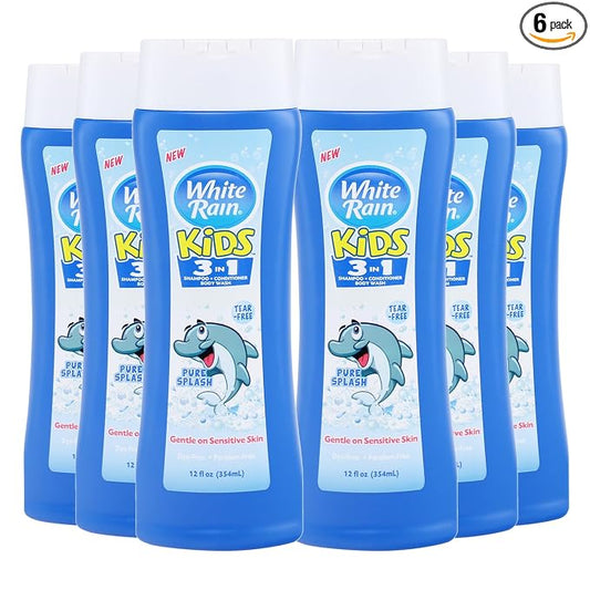 White Rain 3-in-1 Kids Shampoo Conditioner Body Wash, 12 fl oz (Pack of 6), Tear-Free Shampoo, Kids Body Wash, Paraben-Free, Gentle Formula for Daily Bath Routines, Pure Splash