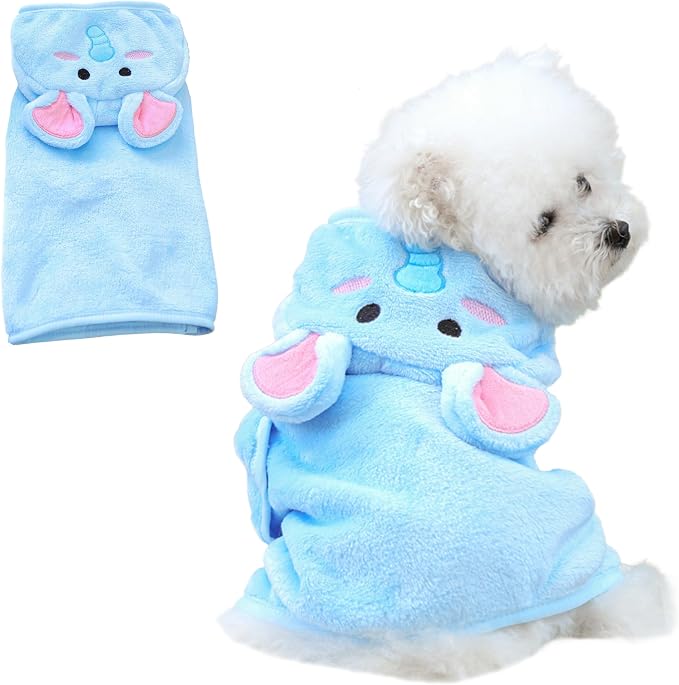 Dog Bathrobe with Hood Super Absorbent Soft Quick Drying Towel Wrap Adjustable Puppy Cat Bath Robe Towel for Cold Weather Beach Pool (Blue Elephant, Small)