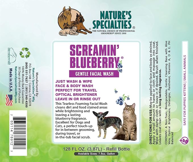 Nature's Specialties Screamin' Blueberry Dog Gentle Facial Wash for Pets, Natural Choice of Professional Groomers, Optical Brightener, Made in USA, 7.5 oz