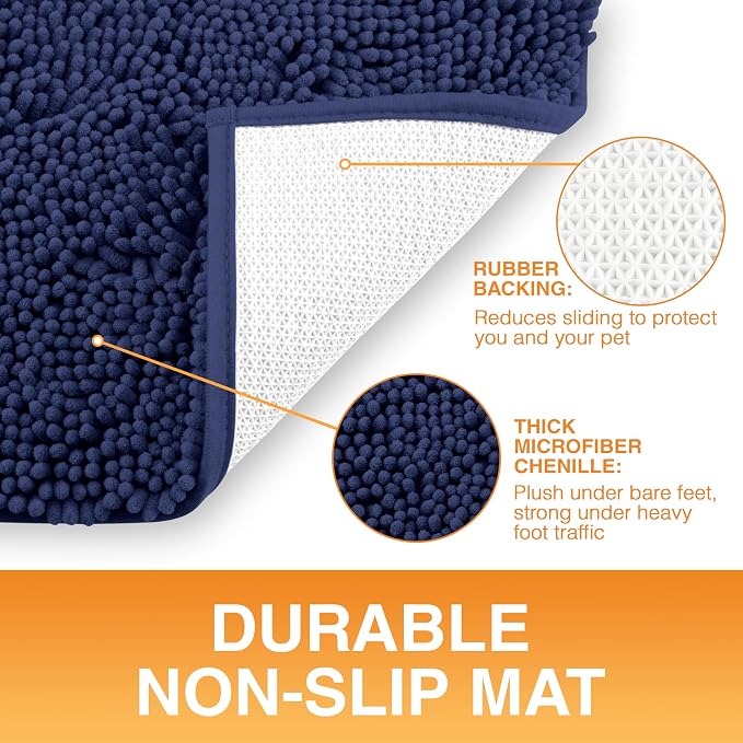 Neater Pets Muddy Paws Dog Door Mat 36” x 24” – Super Absorbent & Quick-Dry Chenille Doormat for Trapping Dirt, Water, Mud - Non-Slip & Machine Washable Pet Rugs for Entryway, Indoor Mud Mats, Navy