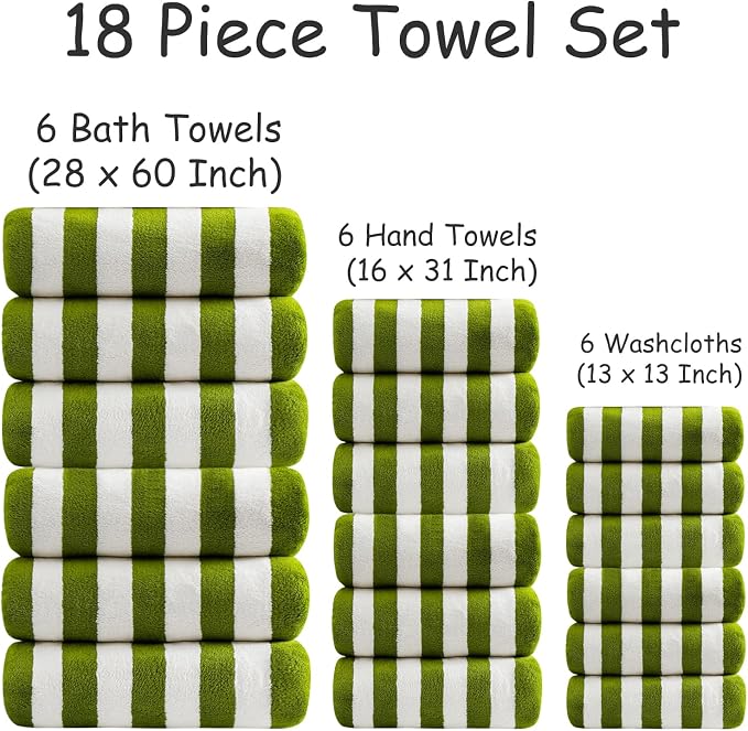 18 Pcs Green Stripe Bath Towel Set with Hanging Loop-6 Bath Towels,6 Hand Towels,6 Washcloths Soft Family Towels Set Bathroom Towel Highly Absorbent Quick Dry Shower Towel for Beach Spa Gym Hotel