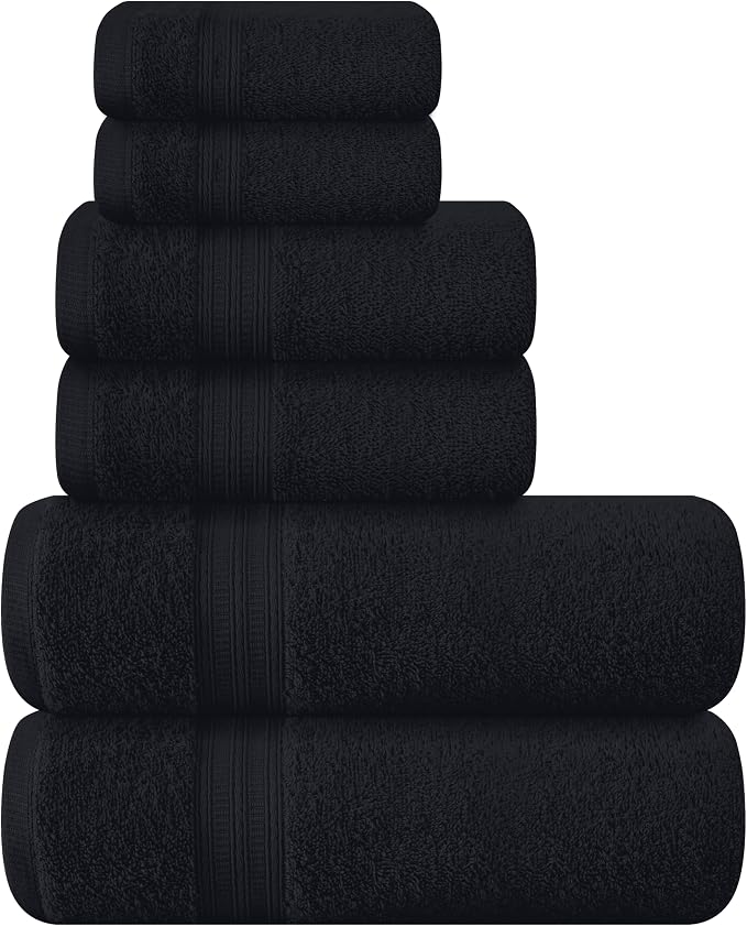 BOUTIQUO 6 Pack Cotton Towel Set, Contains 2 Bath Towels 27x54 inch, 2 Hand Towels 16x24 inch & 2 Wash Coths 12x12 inch, Ideal Everyday use, Ultra Soft Compact & Lightweight - Black