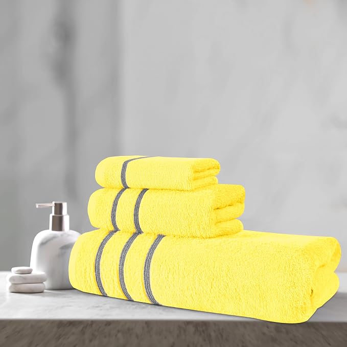 MyOwn Ultra Soft 3 Pack Cotton Towel Set, Contains a Bath Towel 28x55 inch, a Hand Towel 16x24 inch & Wash Coth 12x12 inch, Ideal Everyday use, Compact & Lightweight - Lime Yellow, 71671