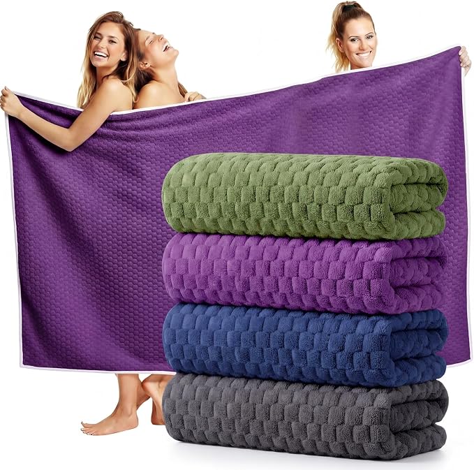 Peryiter 4 Pcs Oversized Bath Towels 40 x 80 Inch Extra Large Dark Gray Blue Purple Green Bath Sheets for Adults XL Microfiber Coral Velvet Highly Absorbent Bathroom Towels for Adults Home Beach