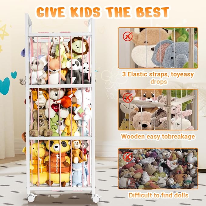 Stuffed Animal Storage, Metal Stuffed Animal Holder with Wheels & Elastic Cords, Space Save Toy Organizer, Large Capacity Stuffed Animal Zoo for Playroom, Bedroom, Nursery (54" Pink)
