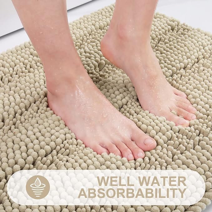Grandaily Chenille Striped Bathroom Rugs 36x24, Extra Thick and Absorbent Bath Mats, Non-Slip Soft Plush Shaggy Shower Carpet, Machine Wash Dry, Bath Rug for Bathroom, (Large, Beige)