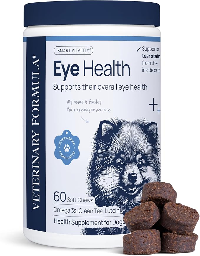 Veterinary Formula Eye Health Supplement for Dogs – Vet-Formulated Tear Stain Chews with Omega 3, Lutein & Cranberry – Smart Vitality Supports Eye Moisture, Stain Reduction & Immunity, 60 Soft Chews