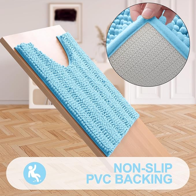 Grandaily Chenille Striped Toilet Rugs U-Shaped 24x20, Extra Soft and Absorbent Bathroom Rugs, Non-Slip Plush Shaggy Bath Rug, Machine Washable Contour Bath Mats for Toilet Base, Blue