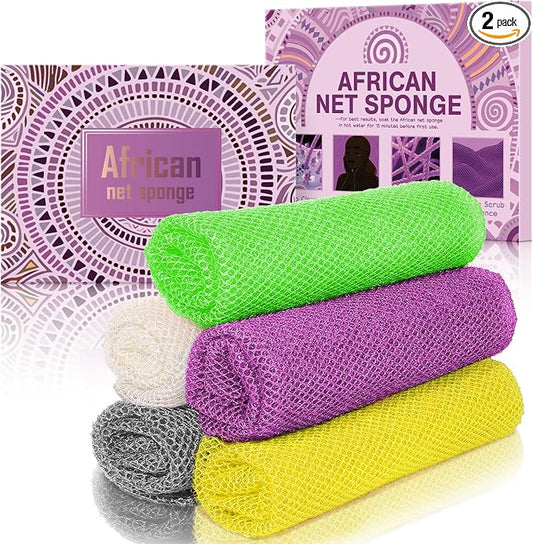 5 Pieces African Net Sponge – Deep Exfoliating Mesh for Radiant Skin – Stretchable, Quick-Dry & Easy to Store (Yellow, Purple, Green, Gray, White)