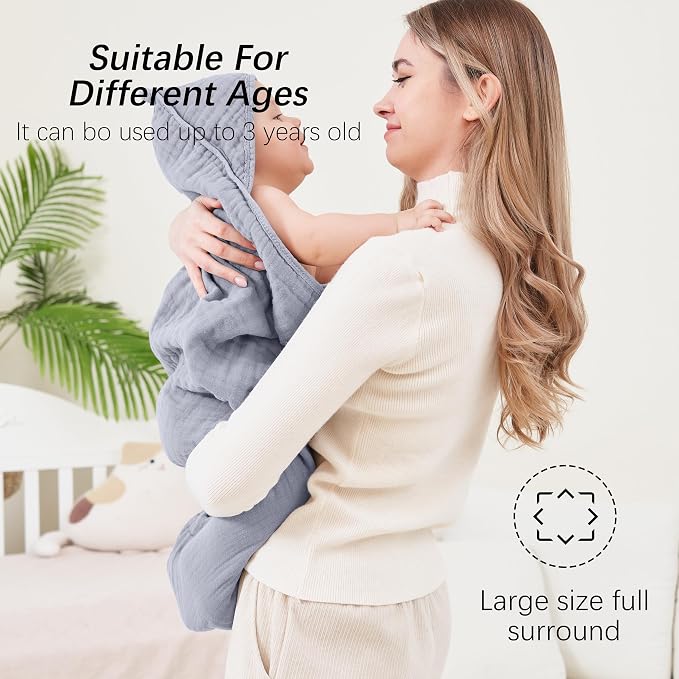 SWEET DOLPHIN Muslin Hooded Baby Bath Towels - 2 Pack 100% Cotton Towel for Babies, Infants, Toddlers - 32x32Inch - Highly Absorbent and Newborn Essential, Grey