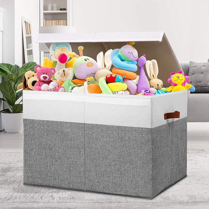 Gowee Large Toy Storage Box with Lid, Sturdy Toys Storage Chest Bin Organizer Basket with Dividers for Kids, Boys, Girls, Nursery, Closet, Bedroom, Playroom 26"x17" x17" (Grey and White)