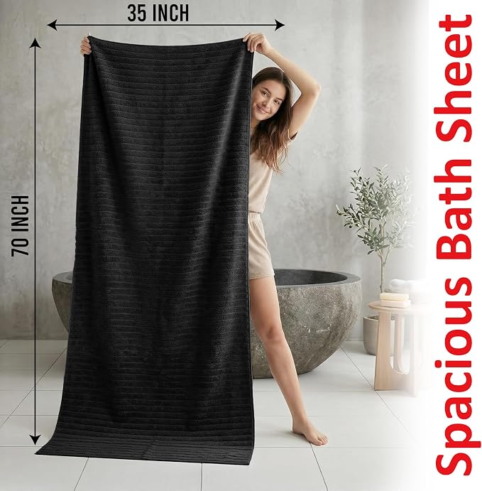 RIVERSIDE Pack of 2 Extra Large Bath Sheet Towels, 35 x 70 Inches, 600 GSM, Ribbed Stripe, 100% Cotton - Super Soft, Highly Absorbent & Quick Dry for Bathroom, Spa & Hotel, Black