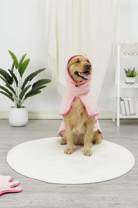 Pawyee Super Soft Fast-Drying Dog Towel Set for Cold Weather, Beach, Pool - Adjustable Microfiber Bath Robe with Drying Gloves for Cats and Dogs (X-Large, Pink Dino)