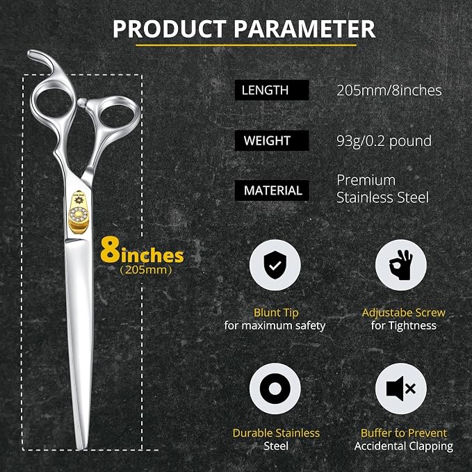 Dream Reach Straight Dog Scissors - 8 Inch 440C Stainless Steel Professional Pet Cutting Grooming Shears with Adjustable Screw