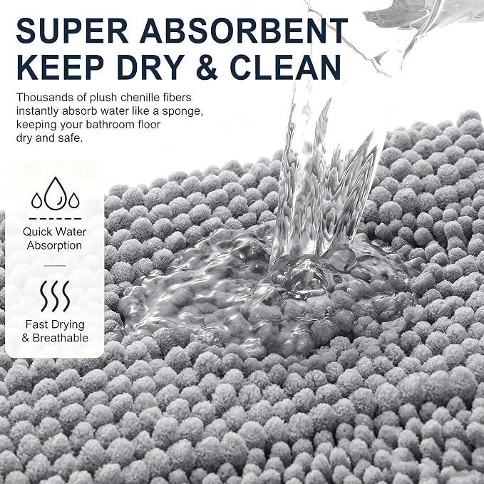 Smiry Thick Chenille Large Bathroom Rugs 47x32, Extra Soft Absorbent Striped Bath Mat, Machine Washable, Rubber Backing, Bath Rugs for Bathroom, Tub & Shower, Home Decor Accessories, Grey