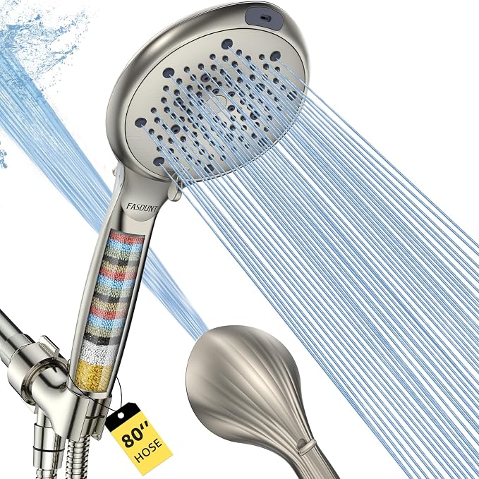 FASDUNT Filtered Shower Head with Handheld, 8-Mode Handheld Showerhead with Filters for Hard Water -Remove Chlorine, Built-in Power Wash, 80" Extra Long Stainless Steel Hose, Brushed Nickel