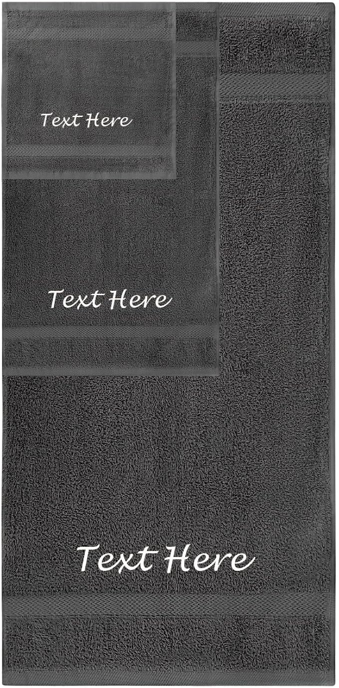 Personalized Passion 3-Pack Towels Set with Embroidered Text - Super Soft & Absorbent Turkish Cotton Towels for Bathroom, Spa, Gym, Pool and Hotels - Includes 1 Bath, 1 Hand, 1 Washcloth - Charcoal