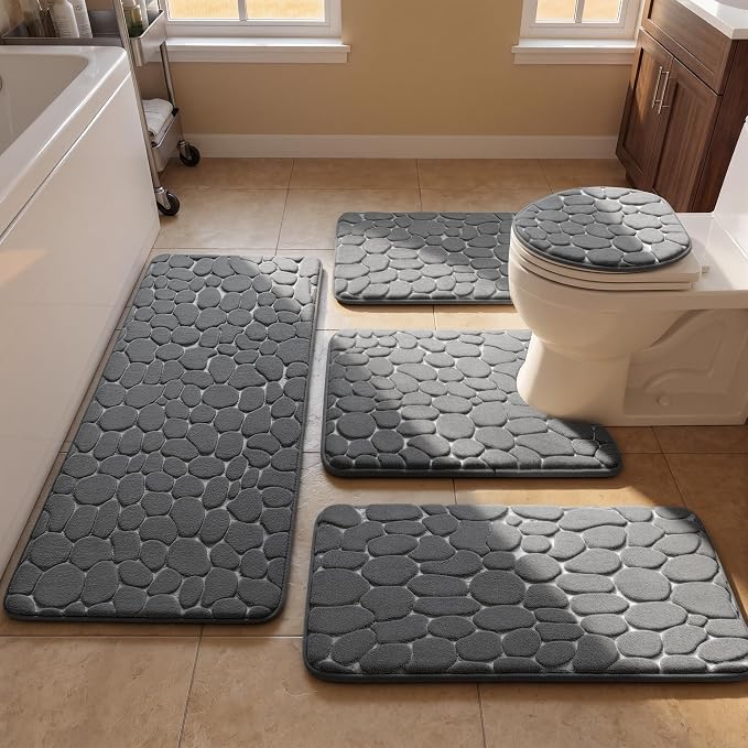 YIHOUSE Bathroom Rugs Mat Set, Memory Foam Bath Mat 5 Piece Dark Grey | Non Slip, Water Absorbent, Washable, Bath Mat For Bathroom, Sink and Toilet