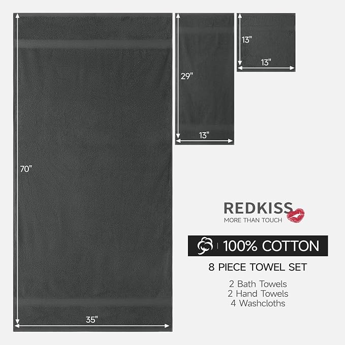 REDKISS 8 Piece Cotton Towel Sets for Bathroom - 2 Oversized Bath Sheets (35x70 in), 2 Hand, 4 Washcloth, Super Soft Quick Dry Highly Absorbent Gray Bath Towel Set for Home Gym Dorm Spa