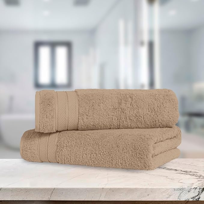 Elegant Comfort Three Line Popcorn Towel Set for Bathroom 27 x 54 inches, Premium Hotel Quality 2-Pack Bath Towels, 100% Turkish Cotton, Soft and Durable, Quick Dry and Highly Absorbent, Tan