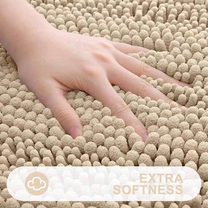 Grandaily Chenille Striped Bathroom Rugs 47x20, Extra Thick and Absorbent Bath Mats, Non-Slip Soft Plush Shaggy Shower Carpet, Machine Wash Dry, Bath Rug for Bathroom, Beige