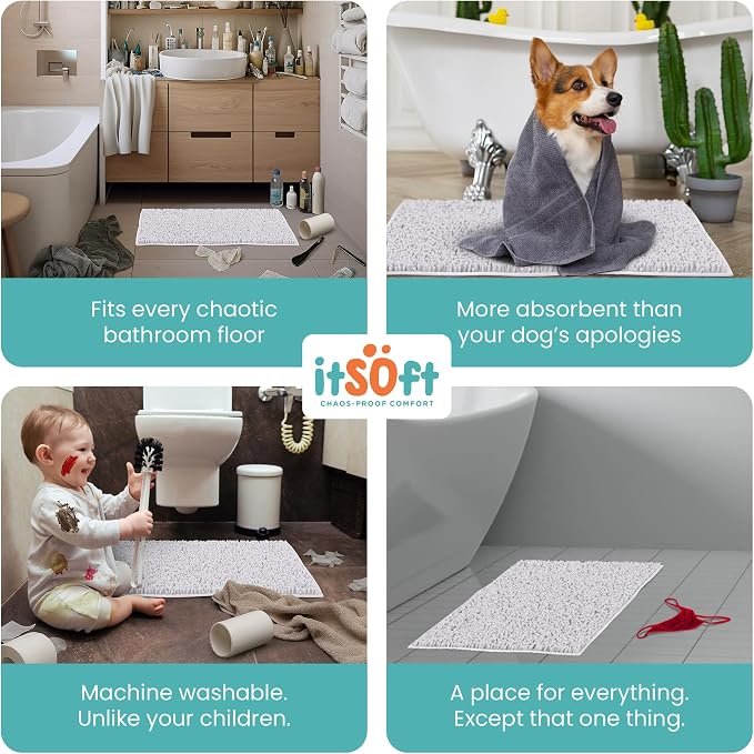 Small Chenille Bath Mats 22"x14", Plush Absorbent Bath Mats Quick Dry, Soft & Machine Washable, Non Slip Carpet for Bathroom, Thick Bathroom Rugs, Shower Restroom Rug Mat, Alfombras De Bano, Bathrugs