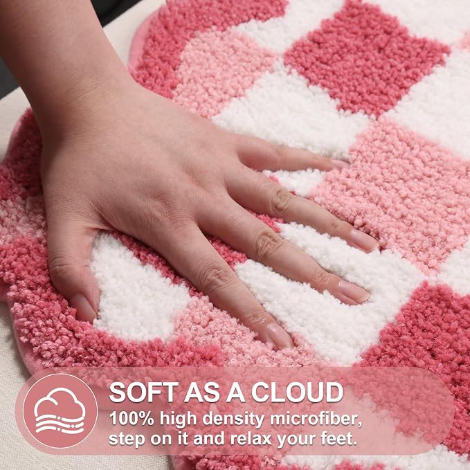 ORTIGIA Cute Pink Checkered Scalloped Bath Mat, Fun Plush Microfiber Bathroom Rugs Non Slip Washable Quick Dry Absorbent, Bath Rug Carpet for Shower Stall Vanities Kitchen Floor Entrance, 20x32