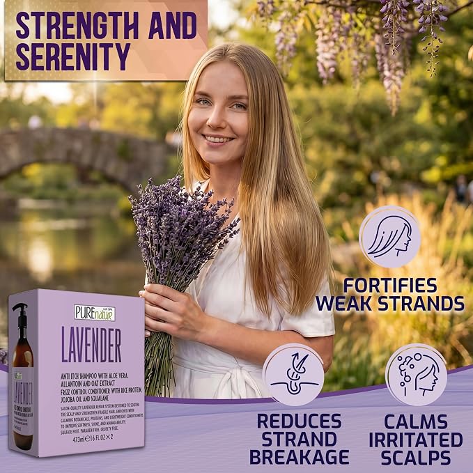 Lavender Repair Shampoo and Conditioner Set - Sulfate Free, Moisturizing and Anti Frizz Formula for Dry, Damaged Hair - Salon Grade - Anti Itch Treatment for Women and Men - 16 Fl Oz (Set of 2)