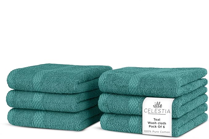 Cotton Washcloths Set of 6, 12x12 Inch, 100% Ring-Spun Combed Cotton, Soft Absorbent Quick-Dry Wash Cloths for Face and Body, Oeko-TEX Certified, Hotel & Spa Quality, Teal