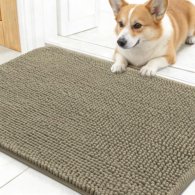 OLANLY Dog Door Mat for Muddy Paws 24x16, Absorbs Moisture and Dirt, Absorbent Non-Slip Washable Doormat, Quick Dry Chenille Mud Mat, Entry Indoor Entryway Carpet for Inside Floor, Warm Taupe