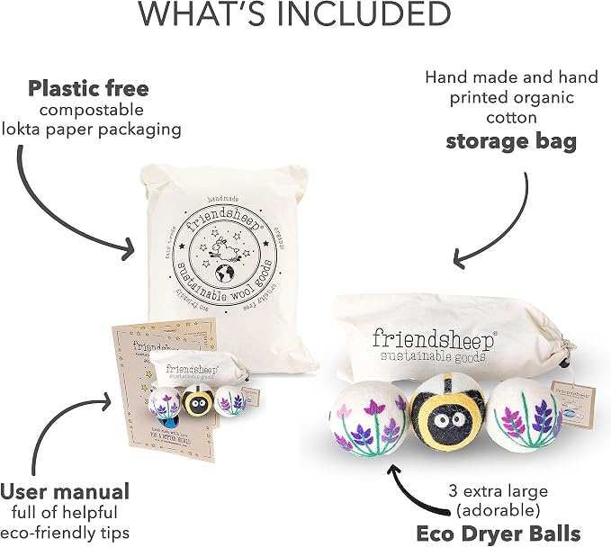 Friendsheep Wool Dryer Balls, Organic Reusable Fabric Softener Alternative for Laundry, Handmade, Fair Trade, Hypoallergenic, Eco-Friendly, Plastic-Free (3 Pack XL – Lavender Fields Bee Flower)