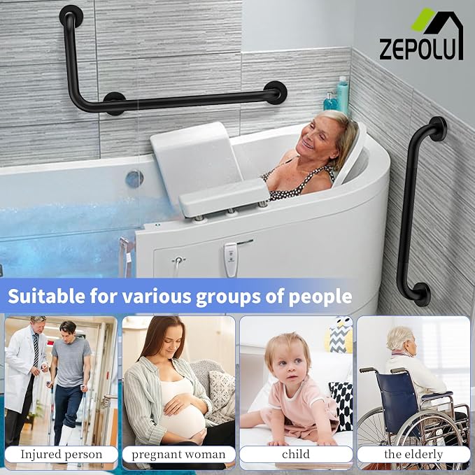 Black L-Shaped Grab Bar 12x24 Inch + Knurled Shower Grab Rail 20 Inch, Zepolu Stainless Steel Toilet Safety Bar 90 Degree, Angled Balance Support Assist Bar for Elderly, Bathroom Mobility Aid Handrail