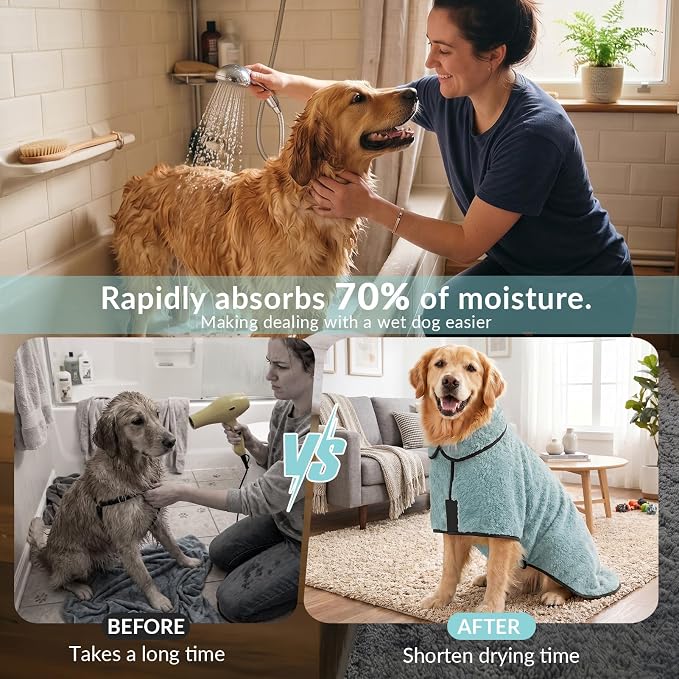 Bienbee Dog Bathrobe, Quick Drying Super Absorbent Pet Robes for Small Medium Large Dogs, Drying Coat for After Bath & Swim, Warm & Cozy Dogs Towels, Dog Puppy Bath Supplies, Light Green XXL