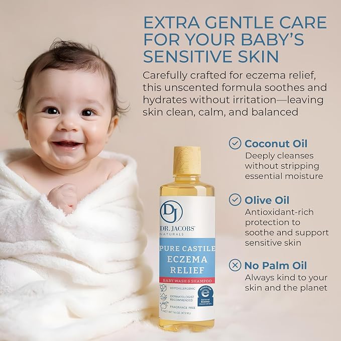 Dr. Jacobs Pure Castile Baby Wash - Effective Body Wash to Relieve Baby Eczema - Gentle Shampoo and Unscented Soap for Sensitive Skin, and Hypoallergenic - 16 oz