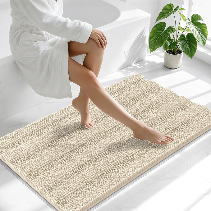 Smiry Thick Chenille Bathroom Runner Rugs 44x24, Extra Absorbent Striped Bath Mat, Machine Washable, Rubber Backing, Long Bath Rugs for Tub & Shower, Modern Home Decor Accessories, Sand