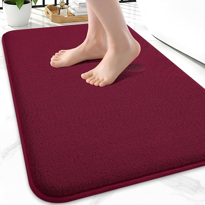 Smiry Memory Foam Bath Mat 24x16, Extra Soft Bathroom Rug, Ultra Absorbent, Quick Dry, Machine Washable Bathroom Mat for Shower, Tub & Floor Decor, Burgundy