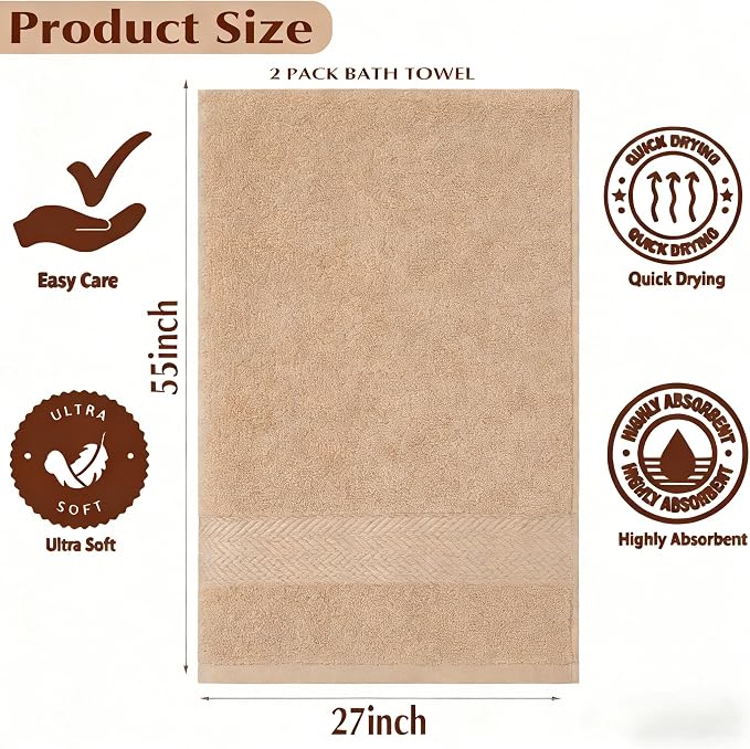 Microfiber Bath Towels Set of 2 - Ultra Soft, Highly Absorbent & Fast Drying Bath Towels, Vacuum Compressed for Storage, Lint-Free & Skin-Friendly for Women, Kids, Sensitive Skin (27x54 Inches)
