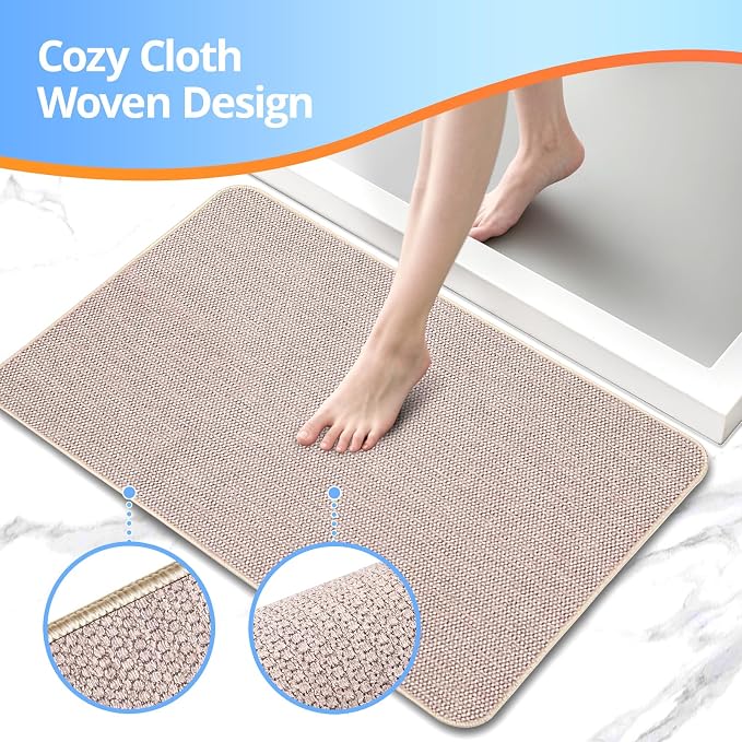 Upgraded Bath Mat 17x27Inch, Thin Bath Mats Rugs with Rubber Backing Non-Slip, Absorbent,Quick Dry Machine Washable, Home Decor Accessories Cozy Cloth Bathroom Rugs fit Under Door/Sink/Tub-Biege