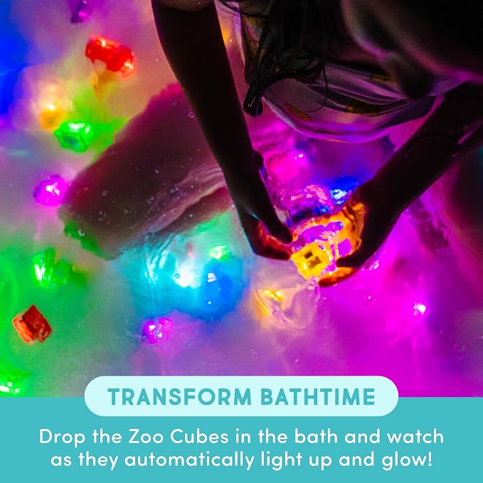 Glo Pals Water-Activated Light-Up Sensory Bath Toy Cubes for Bathtime and Sensory Play, Zoo, Vibrant Light-Up Colored Cubes for Kids and Toddlers, Pack of 6
