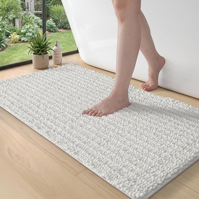 DEXI Bathroom Rugs 43x24, Super Soft Thick Chenille Absorbent Bath Mat, Non Slip Machine Washable Fluffy Shag Bathmat for Tub, Shower Floor, White