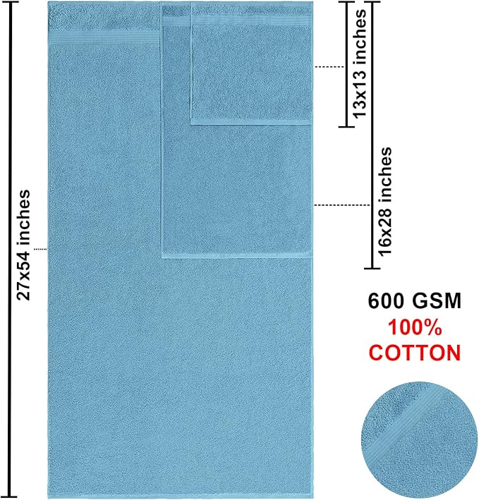 American Bath Towels 100% Cotton 6 Piece Turkish Towel Set, Ultra Soft Absorbent Bathroom Towels, 2 Bath Towel 2 Hand Towels 2 Washcloths, Baby Blue