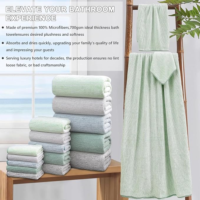 8-Piece Premium Towel Set for Bathroom|2 Oversized Large Bath Sheet,2 Hand Towels,4 Washcloths|Soft Cozy Highly Absorbent Fast Dry Microfiber Shower Towel Set for Hotel Bathroom Essentials,Green White
