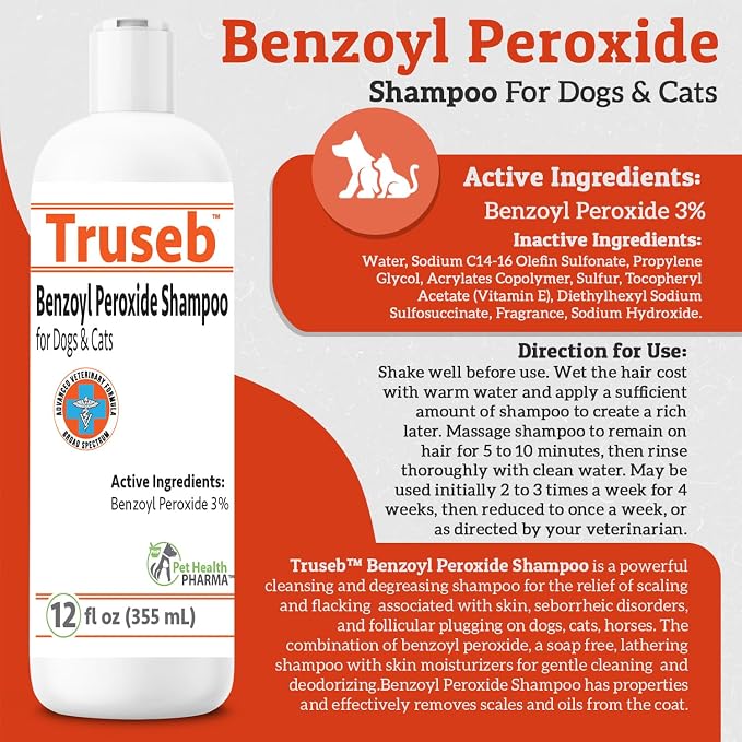 Truseb Clinically Medicated Benzoyl Peroxide 3% Shampoo for Dogs, Cats Horses - Helps Relieve Folliculitis, Dandruff, Oily & Flaky, Red, Itchy Skin–Deep Cleansing & Deodoriz-Passion Fruit Scent-12 oz