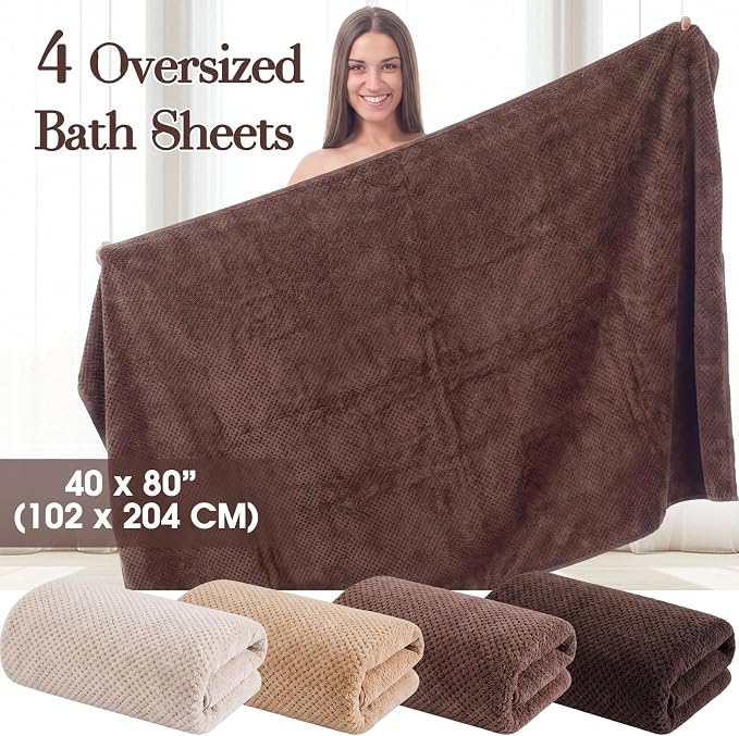 Newwiee 4 Pcs Oversized Bath Towels 40'' x 80'' Extra Large Bathroom Sheet Towels for Adults Quick Dry Soft Absorbent Fluffy Microfiber Shower Sheet for Fall Decor Spa Beach Hotel(Brown Colors)
