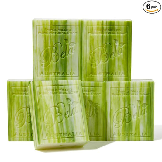 BELA Olive Oil and Cocoa Butter Soap, 3.3 OZ Pack of 6, Long Lasting French Triple Milled Bar Soap with Organic Shea Butter, Hand, Face and Body Wash Bar, Made in Australia