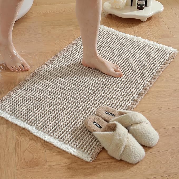 Waffle Bath Mat - Super Water Absorbing Bath Mat Quick Dry, Bathroom Rugs Non Slip Washable, Rubber Backed Bathroom Mat for Bathroom Floor, Tub and Shower, 24" x 36", Brown & White