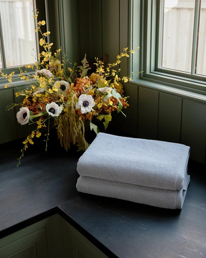Cozy Earth Nantucket 60% Cotton 40% Viscose from Bamboo Bath Sheet - 600 GSM Plush & Fast-Drying with Rice Weave Pattern - 2 Pack 40" x 65" Luxury Bath Sheet - Harbor Mist