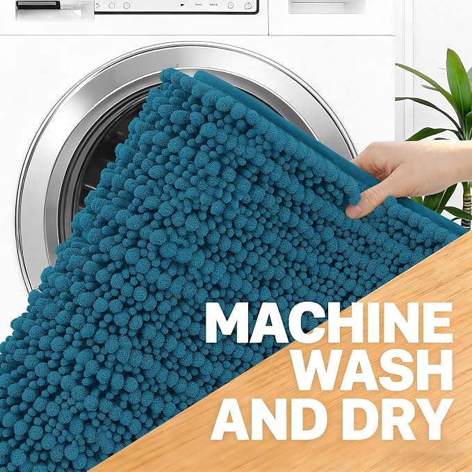 OLANLY Bathroom Rug Mat 59x35, Thick Soft and Absorbent Chenille Bath Mat, Non-Slip Rubber Backing, Machine Washable Quick Dry Bath Rugs for Tub Shower Floor, Home Decor Accessories, Peacock Blue