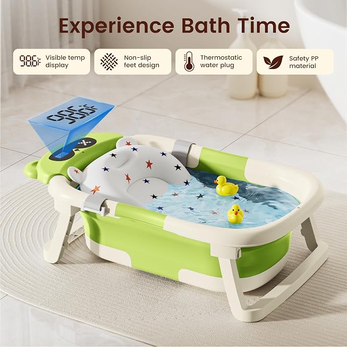 Baby Bathtub,Foldable Baby Bath Tub for Newborn to Toddler (0-18 Months) – Collapsible Infant Tub for Travel with Thermometer, Soft Cushion,Green